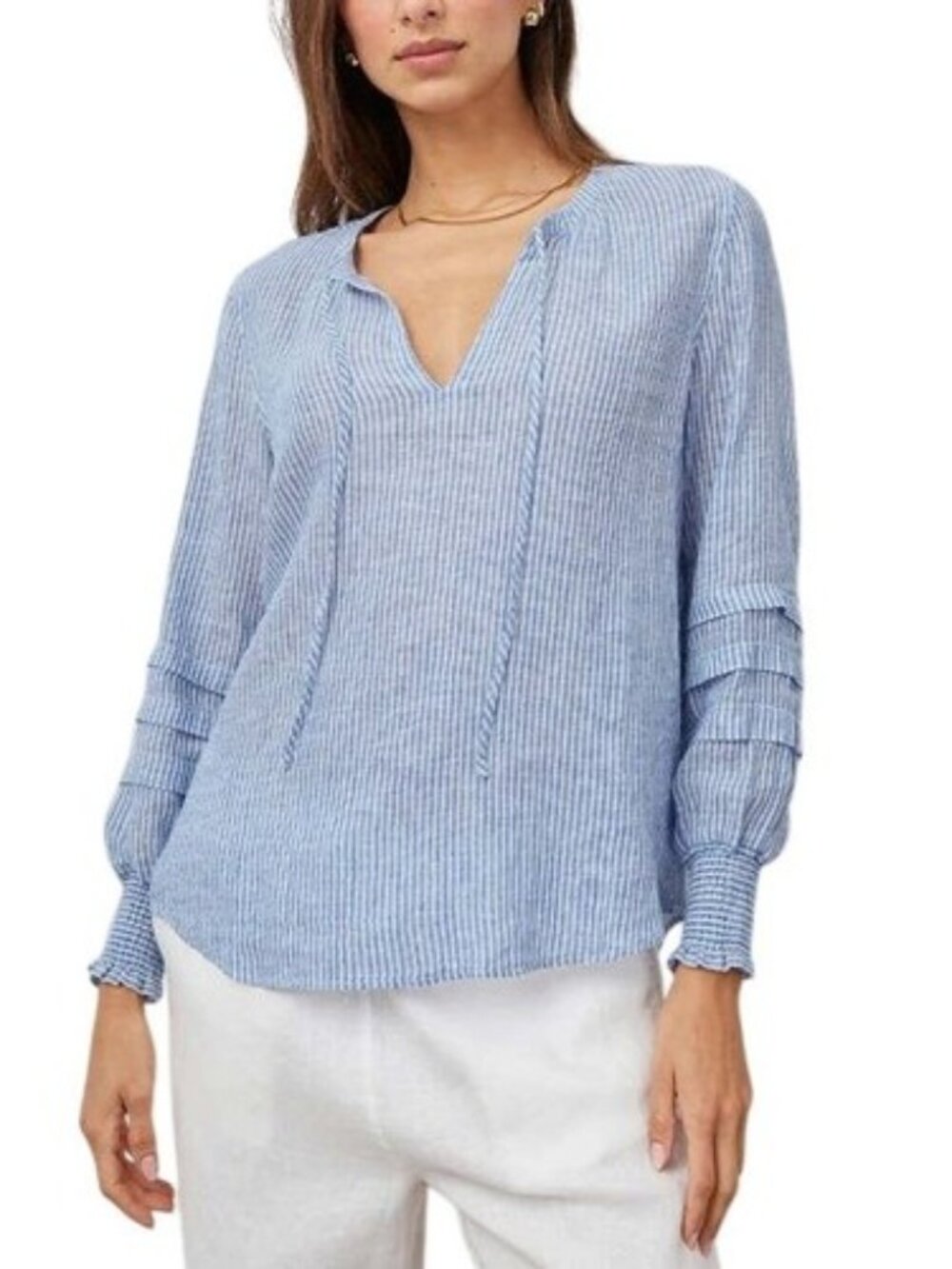 Rails Caterina Sanibel Linen Blend Sz M Blouse Blue/White Striped Long Sleeve